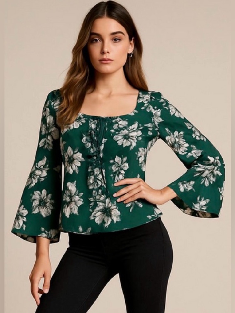 Sanctuary Floral Blouse, Wide Bell Statement Sleeve, Hunter Green, White, Size L